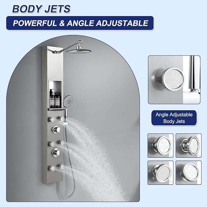 ROVATE Shower Panel Tower System with Shelf & 6 Body Jets, Brushed Finish | Stainless Steel Shower Column with Height Adjustable Shower Arm, Self-Cleaning Rainfall Showerhead & Handheld