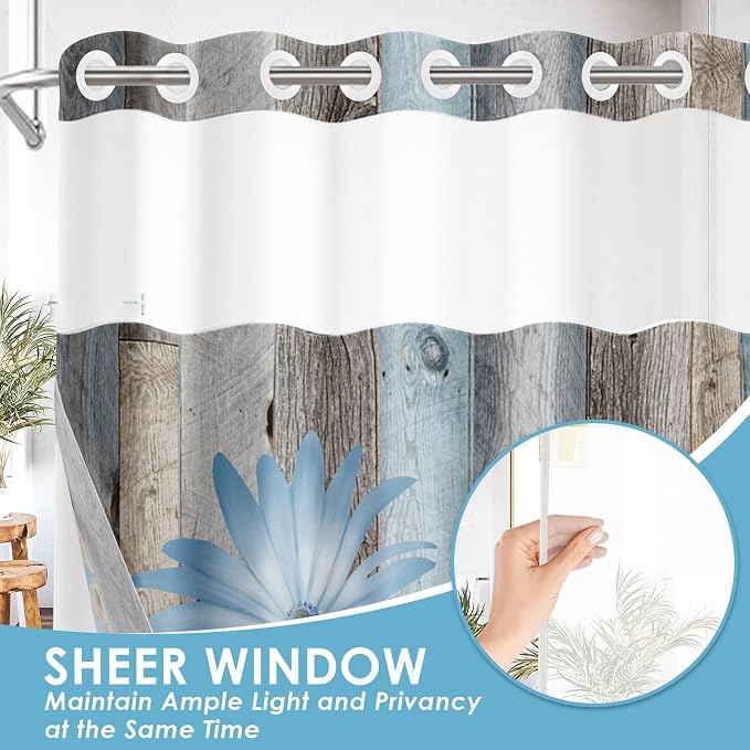 No Hook Shower Curtain with Snap in Liner 71x86 Inch Blue Daisy | Farmhouse Rustic Butterfly Modern Double Layers Waterproof Fabric with See Through Top Window Open Grommet Bath Curtain