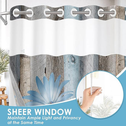 No Hook Shower Curtain with Snap in Liner 54x80 Inch Blue Daisy | Farmhouse Rustic Butterfly Modern Double Layers Waterproof Fabric with See Through Top Window Open Grommet Bath Curtain