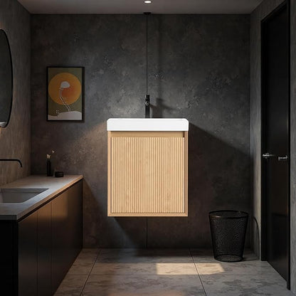 18.5" Bathroom Vanity with Resin Sink, Wall-Mounted Floating Bathroom Vanity with Soft Closed Single Door & Hidden Handle for Home, Undermount Storage Cabinet, Easy to Clean, Natural Wood