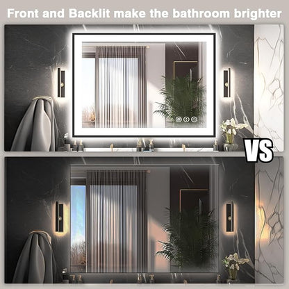 EchosLife 40x36 LED Bathroom Vanity Mirrors - Black Aluminum Edge | Black Frame, Front and Backlit, Anti-Fog, Stepless Dimmable, 3 Colors, Memory, Tempered Glass, UL Listed, Horizontal/Vertical