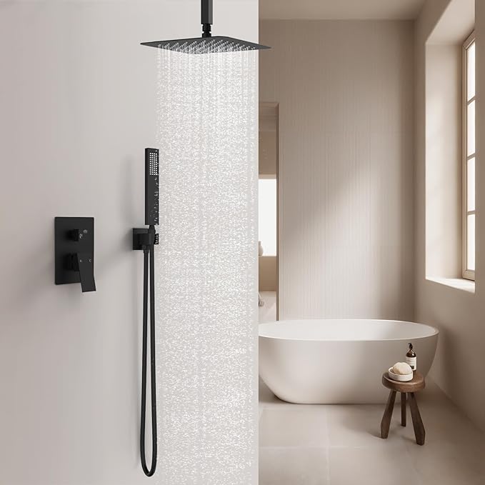SunCleanse Rainfall Shower Faucet Set Matte Black Shower Combo Set for Bathroom with High Pressure 10 inch Shower Head with Handheld Shower Valves Shower Head and Handheld Ceiling Mounted