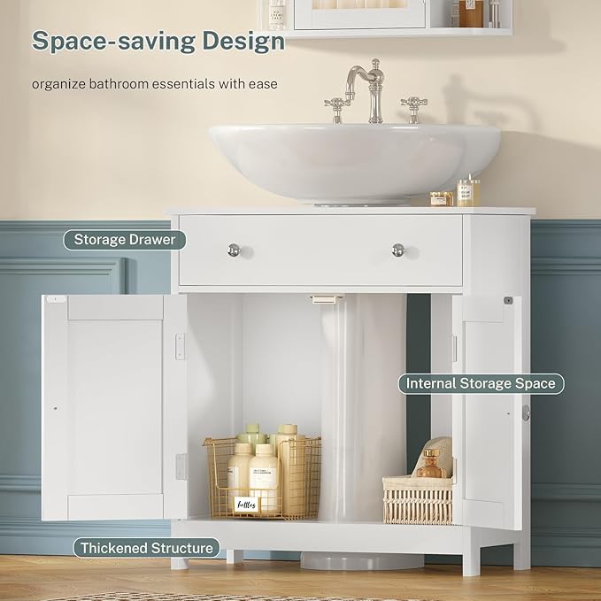 Pedestal Sink Storage Cabinet with 2 Doors and Drawer, Bathroom Sink Cabinet, Under Sink Storage with U-Shape Cut-Out, White