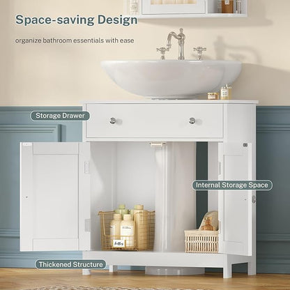 Pedestal Sink Storage Cabinet with 2 Doors and Drawer, Bathroom Sink Cabinet, Under Sink Storage with U-Shape Cut-Out, White