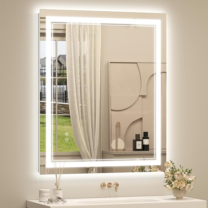 OKPAL 30x36 LED Bathroom Mirror with Lights, Anti-Fog Lighted Bathroom Mirror, Dimmable Lighted Mirrors for Bathroom Wall, LED Vanity Mirror, Shatterproof, ETL Listed, Horizontal/Vertical