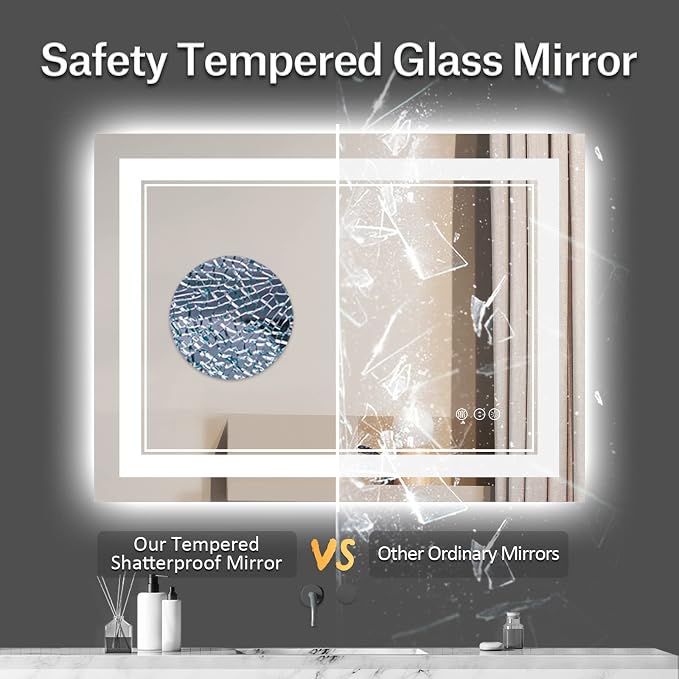 48x36 Inch LED Bathroom Mirror with Lights | Front and Backlit, 3 Colors, Dimmable, Memory, Anti Fog, Shatterproof, Horizontal/Vertical, Lighted Mirrors for Bathroom Wall