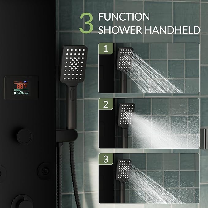 Black Shower Panel Tower System Stainless Steel LED Rainfall Waterfall Shower Head 5-Function Faucet Rain Massage System Wall Mount with 8 Body Jets, Handheld, and Tub Spout