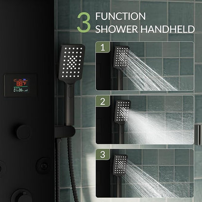 Black Shower Panel Tower System Stainless Steel LED Rainfall Waterfall Shower Head 5-Function Faucet Rain Massage System Wall Mount with 8 Body Jets, Handheld, and Tub Spout