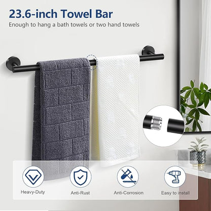TQKAG 5 Piece Black Bathroom Accessories, 23.6" Bathroom Towel Bar Holder | 23.6" Bathroom Hardware Set, SUS304 Stainless Steel, Double Post Pivoting, Towel Hooks, Toilet Paper Holder Set Wall Mounted