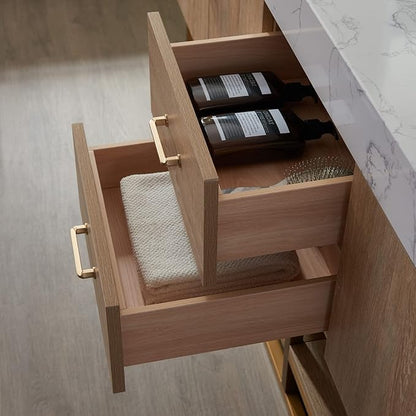 Vinnova Alistair 72" Double Sink Bathroom Vanity in North American Oak, Pre-assembled, with White Grain Stone Countertop Without Mirror