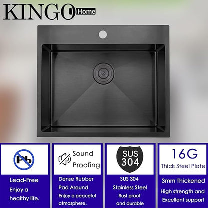 KINGO HOME 22x18 Inch Black Kitchen Sink,Drop In 16 Gauge RV Small Kitchen Bar Sinks,Stainless Steel Topmount Outdoor Prep Single Bowl Workstation Wet Bar Sink with Stainless Steel Strainer
