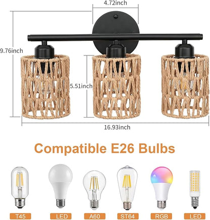 Frideko 3-Light Bathroom Vanity Light Fixtures, Modern Rattan Bathroom Lighting Fixtures Over Mirror, Boho Wall Sconces with Woven Lampshade, Black Wall Lamp for Farmhouse Living Room Bedroom