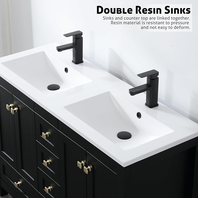 LUCKWIND 48" Bathroom Vanity and Sink Combos, Modern Bathroom Storage Painted Cabinet with Undercounter Resin Dual Sink Top, Matte Black Faucet and 6 Drawers, Mirror Not Included, Black
