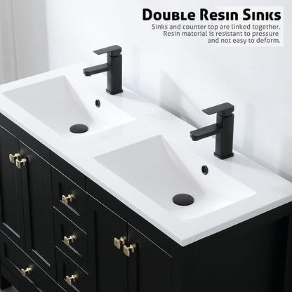 LUCKWIND 48" Bathroom Vanity and Sink Combos, Modern Bathroom Storage Painted Cabinet with Undercounter Resin Dual Sink Top, Matte Black Faucet and 6 Drawers, Mirror Not Included, Black
