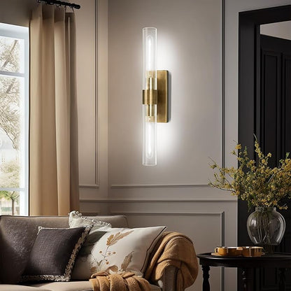Brass and Glass Wall Sconces, 22.8" Vanity Lights for Bathroom 2 Lights, Horizontal or Vertical Linear Gold Wall Lamp, Indoor Sconces Wall Lighting, Tube Sconce for Living Room, Hallway