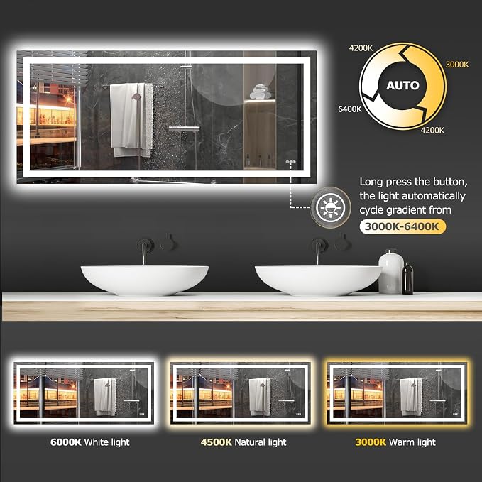 Hivone 72"X32" LED Bathroom Mirror with Lights, Anti-Fog, Dimmable, Backlit + Front Lit, Smart Bathroom Vanity Mirror, Memory Function, Shatterproof, Tempered Glass (Horizontal/Vertical)