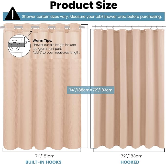 SORTTO No Hook Shower Curtain with Snap in Liner Set Waffle Shower Curtain for Bathroom Hotel Style Fabric Waterproof Inner Liner，71" W x 74" H, Blush Pink