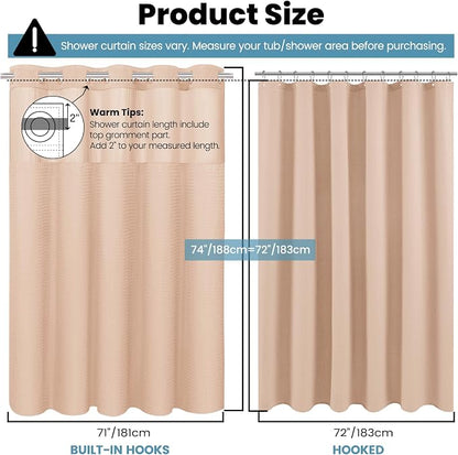 SORTTO No Hook Shower Curtain with Snap in Liner Set Waffle Shower Curtain for Bathroom Hotel Style Fabric Waterproof Inner Liner，71" W x 74" H, Blush Pink