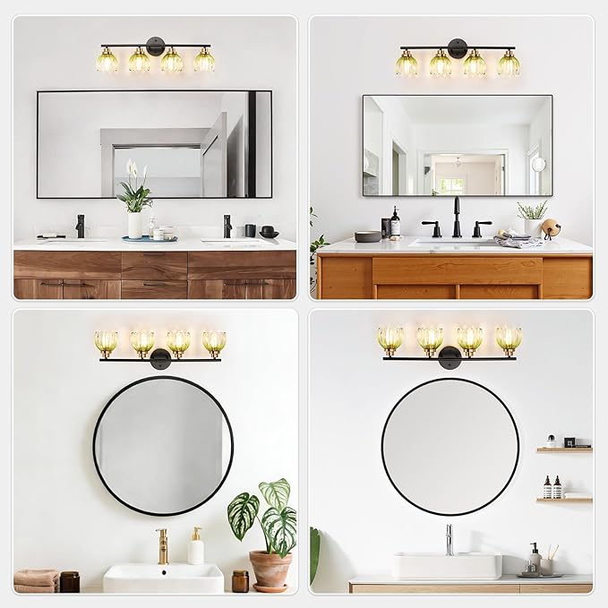 TALOYA Bathroom Vanity Light Fixtures, 4-Light Modern Black and Gold Wall Lights for Mirror, Green Tulip Glass Shades Over Sink Lighting for Bedroom, Living Room, and Hallway,Farmhouse