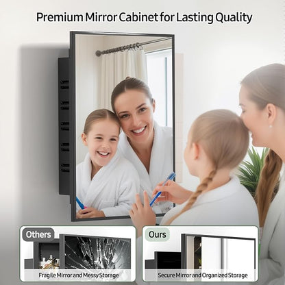 NLShan Medicine Cabinet Mirror for Bathroom: Recessed Vanity Bathroom Cabinet with Mirror Door - Black Metal Framed and Wall Mounted Design with Adjustable Shelves for Bathroom Storage - 16x24 inch