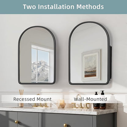 Casaphoria 36" H x 24" W Arched Bathroom Medicine Cabinet with Mirror, Wooden Frame and 2 Adjustable Shelves Wall Medicine Cabinets Mirrors, Black