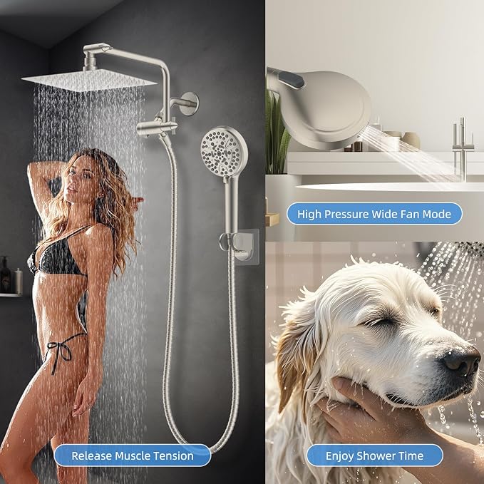 8" Metal Rainfall Shower Head with 10-Mode Handheld, Brushed Nickel | NSF/ANSI/CAN 372 Certified, High Pressure Showerhead Combo with 11" Adjustable Shower Arm, 71" Hose, Shower Head Holder
