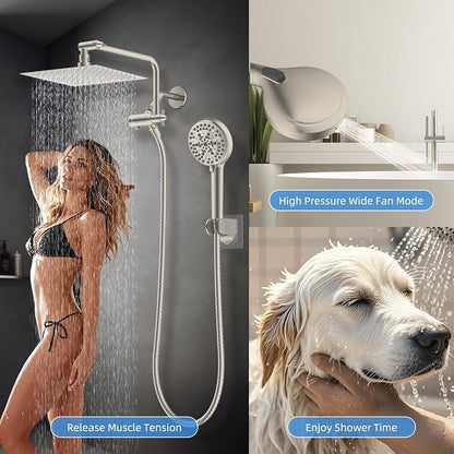 8" Metal Rainfall Shower Head with 10-Mode Handheld, Brushed Nickel | NSF/ANSI/CAN 372 Certified, High Pressure Showerhead Combo with 11" Adjustable Shower Arm, 71" Hose, Shower Head Holder
