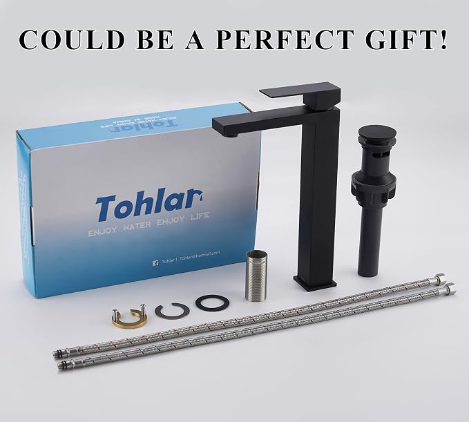 Tohlar Black Bathroom Faucet, Single Hole Sink Faucet with Pop Up Drain | Bathroom Sink Faucets for 1 Hole, Matte Black Single Handle Vanity Basin Faucet with Water Supply Lines, Stainless Steel