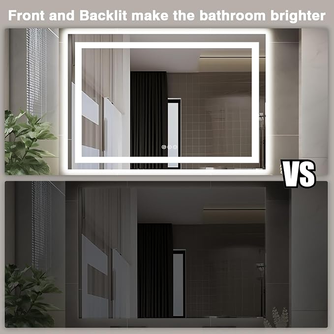 EchosLife 51"x40" Bathroom Light up Mirror | Backlit + Front Lit, Anti-Fog, Stepless Dimmable, 3 Colors, Memory, Tempered Glass, UL Listed, Horizontal/Vertical