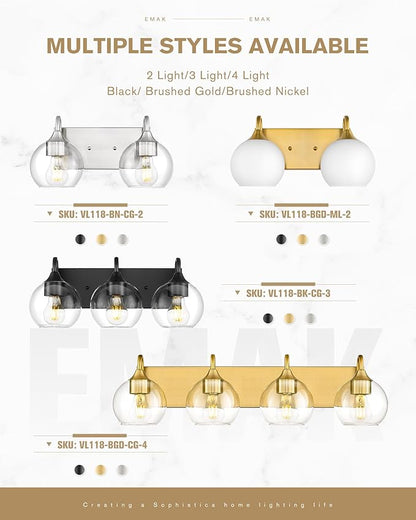 Emak Globe Bathroom Light Fixtures, Brushed Gold Vanity Lights with Milk Glass Shade, Modern 2-Light Wall Sconce for Bathroom, Mirror, VL118-BGD-ML-2