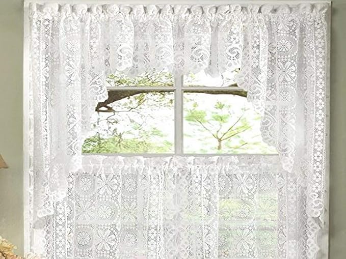 Sweet Home Collection Old World Style Floral Heavy Lace Kitchen Curtain Swag Pair, Hopewell White