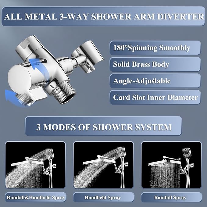 14 Inch Rain Shower Head with Handheld Spray Combo and Extention Arm, Rainfall Waterfall High Pressure Large Shower Heads, Dual Showerhead with 3-Way Diverter - Height/Angle Adjustable(Chrome)