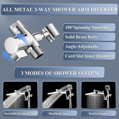 14 Inch Rain Shower Head with Handheld Spray Combo and Extention Arm, Rainfall Waterfall High Pressure Large Shower Heads, Dual Showerhead with 3-Way Diverter - Height/Angle Adjustable(Chrome)