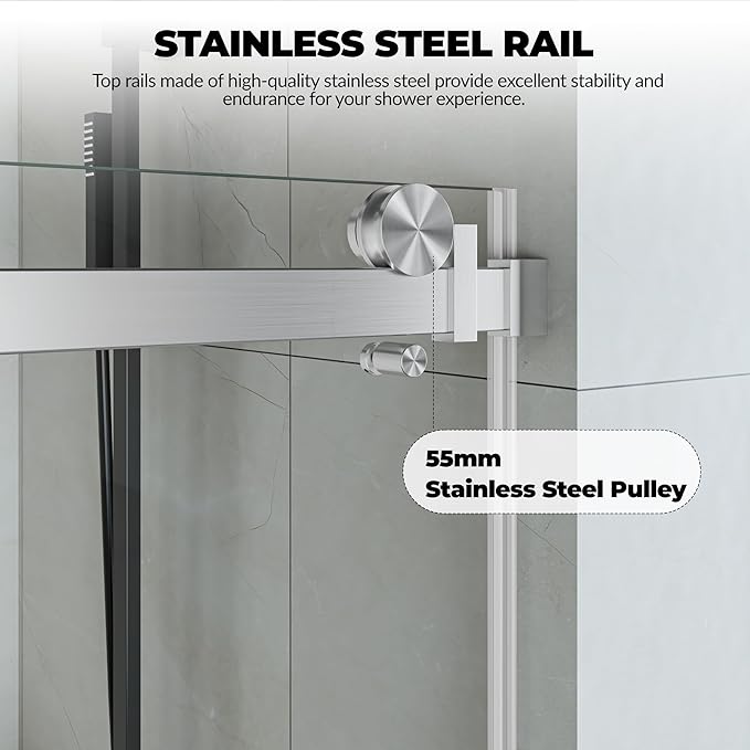 44-48" W x 76" H Frameless Sliding Shower Door - 5/16" (8mm) Clear Tempered Glass, Waterproof, Silver Brushed Nickel Bathroom Door with Easy Installation