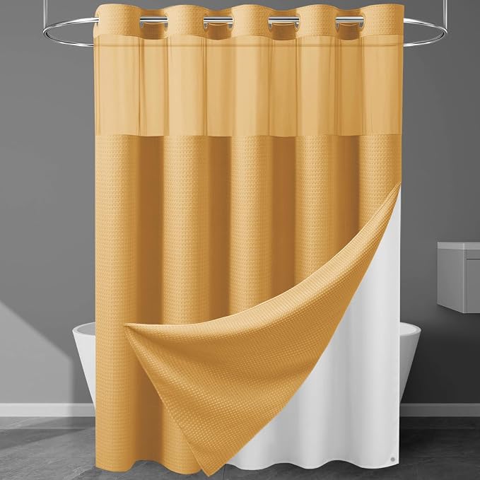 EUTXL 256GSM Heavyweight Hotel Shower Curtain - Waffle Textured Heavy Duty Thick Fabric Shower Curtains for Bathroom,71W x 74H,Gold