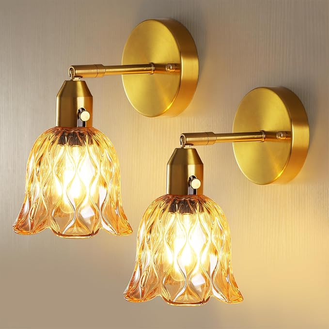 Vintage Wall Sconces Set of 2 - Hardwired Wall Lights with Amber Tulip Glass Shade,Brass Wall Lamps for Bathroom Bedroom Stairway Living Room Corridor(Bulbs Not Included,E26 Socket)