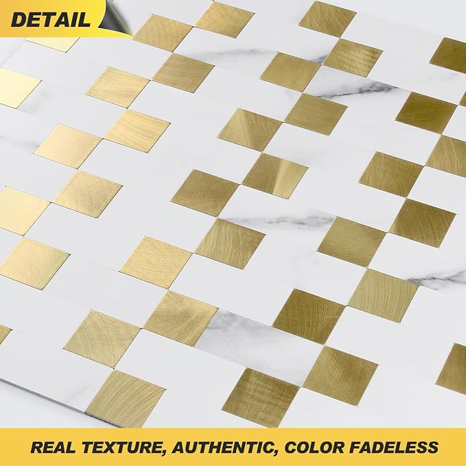 Yipscazo Peel and Stick Backsplash Tile, Stick on Stainless Steel Backsplash Metal Tiles for Kitchen Walls in Marble White Mixed Gold (12''x12'',10 Sheets)