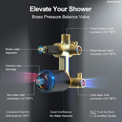 Wall Mount Shower System with Handheld Shower, Matte Black | 6-inch rain head, pressure-balanced brass valve, 2-function control and included 59-inch hose