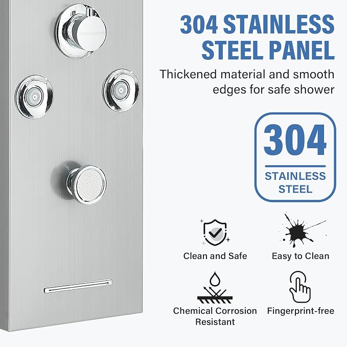FUZ Shower Panel Tower System, Stainless Steel 6 IN 1 Shower Panel System with LED Fancy Rain Shower Head and Handheld, Adujstable Rainfall Massage Body Jets and Tub Spout, Brushed Nickel Shower Tower