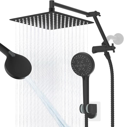 Metal 10" Rain Shower Head with Handheld, High-Pressure Showerhead,10-Mode | Black, Rainfall Shower Head with 5" Large Handheld Spray, Adjustable 16" Shower Extension Arm/71" Hose, Brass 3-Way Diverter