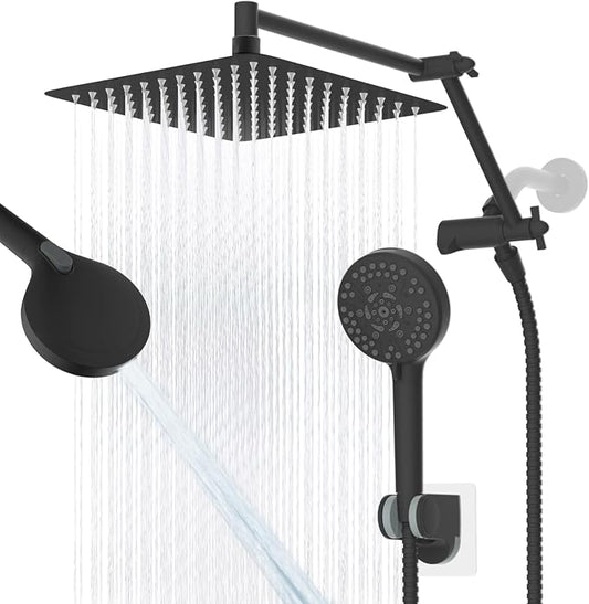 Metal 10" Rain Shower Head with Handheld, High-Pressure Showerhead,10-Mode | Black, Rainfall Shower Head with 5" Large Handheld Spray, Adjustable 16" Shower Extension Arm/71" Hose, Brass 3-Way Diverter