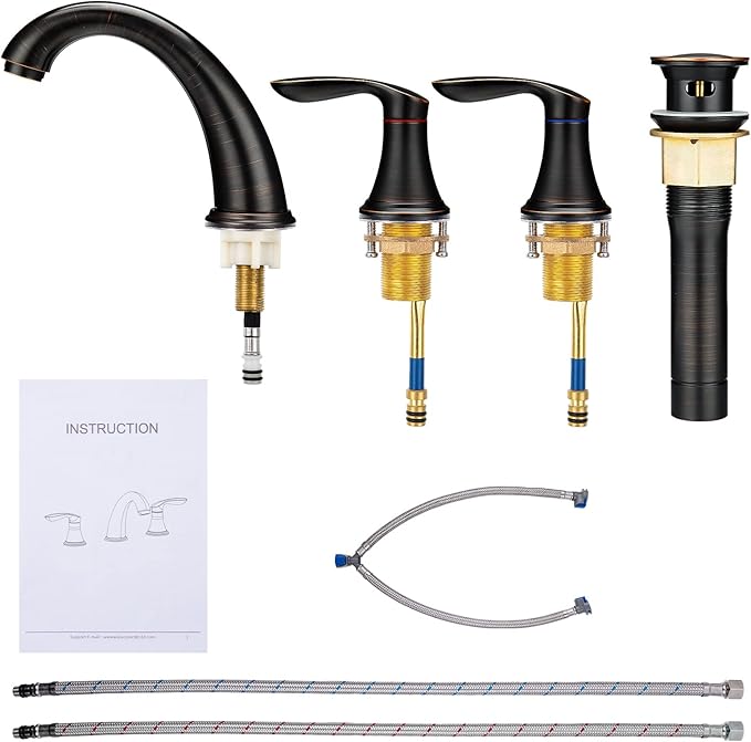 Faucet kit with black faucet, handles, and supply lines on a white background