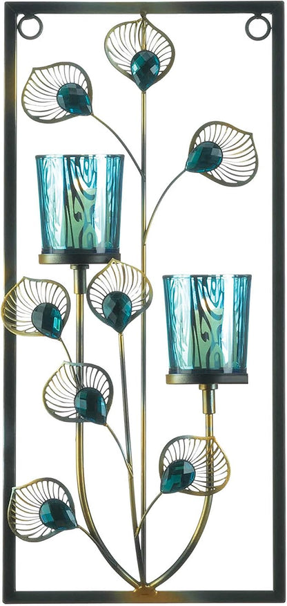 Accent Plus Candle Holder Christmas Decorations Indoor Home Decor Peacock Plume Wall Sconce Candle Holders Christmas Candle Holder Tealight Candle Holder, 7 X 2.5 X 14.75 Inches