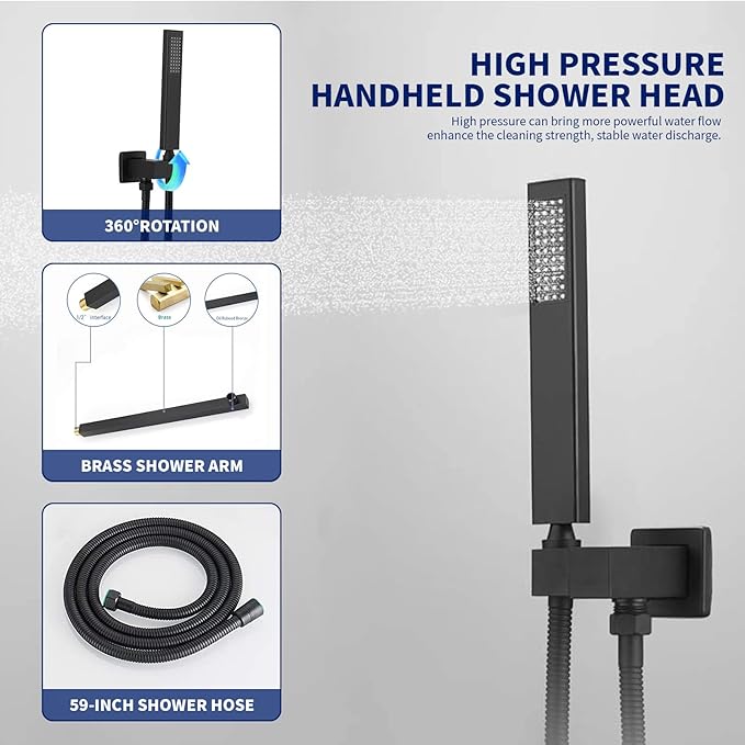 BWE Black Shower Faucet 10 Inch Square Luxury Rain Mixer Shower System Sets Complete 2-Functions Pressure Balancing Wall Mount Rainfall Rough-in Valve Body and Trim Included