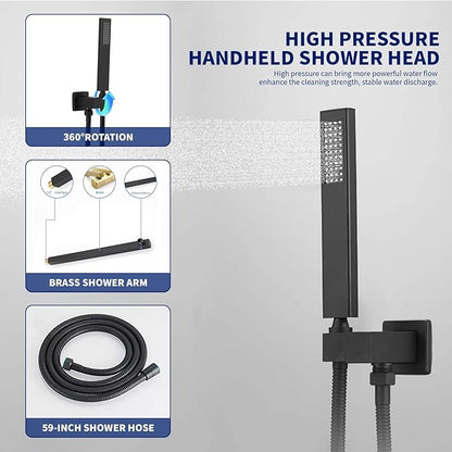 BWE Black Shower Faucet 10 Inch Square Luxury Rain Mixer Shower System Sets Complete 2-Functions Pressure Balancing Wall Mount Rainfall Rough-in Valve Body and Trim Included