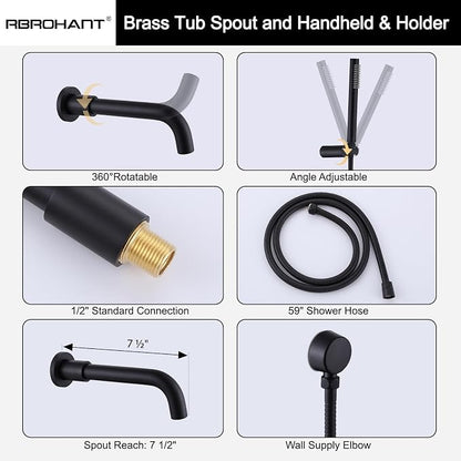 RBROHANT Matte Black Shower System with Tub Spout, Brass Bathtub Shower Faucet Set with 3 Way Rough-in Valve,10 Inch Round Shower Head Set with Tub Spout and Handheld, JK0300