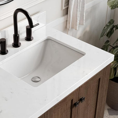 ARIEL Cambridge 36-inch Bathroom Vanity with Sink,Solid Wood, 1.5-inch Carrara White Quartz Countertop, Single Rectangular Porcelain Sink, 2 Soft Closing Doors, 5 Dovetail Drawers, Brown Oak