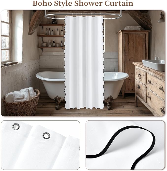 BTTN 48x72 Boho Scalloped Linen Textured Cloth Shower Curtain Set, White | Stall Size, 230GSM Waterproof Polyester, Heavy Duty Fabric, 8 Plastic Hooks, Elegant Modern Farmhouse Style, Machine Washable