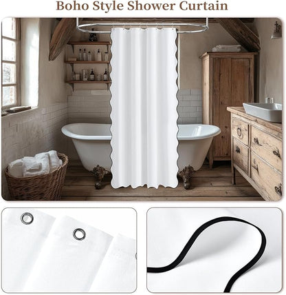 BTTN 48x72 Boho Scalloped Linen Textured Cloth Shower Curtain Set, White | Stall Size, 230GSM Waterproof Polyester, Heavy Duty Fabric, 8 Plastic Hooks, Elegant Modern Farmhouse Style, Machine Washable