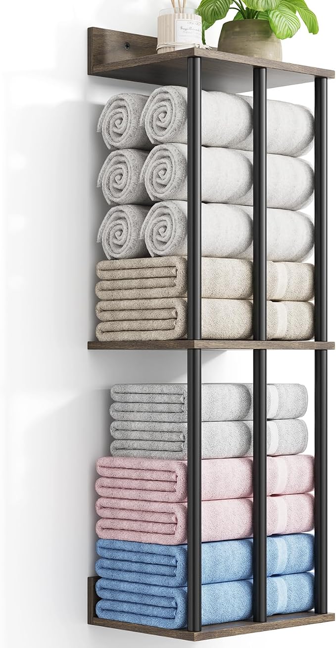 Towel Racks for Bathroom Wall Mounted with Wooden Storage Shelf | Updated 3 Bar Metal Towel Holder for Rolled Towels, Sturdy and Large Capacity, Towel Storage Organizer